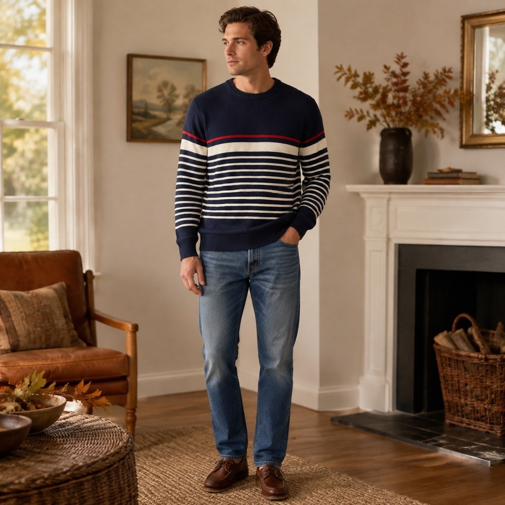 J.Crew Mens Navy Blue White Red Striped 100% Cotton Crewneck Sweater Large